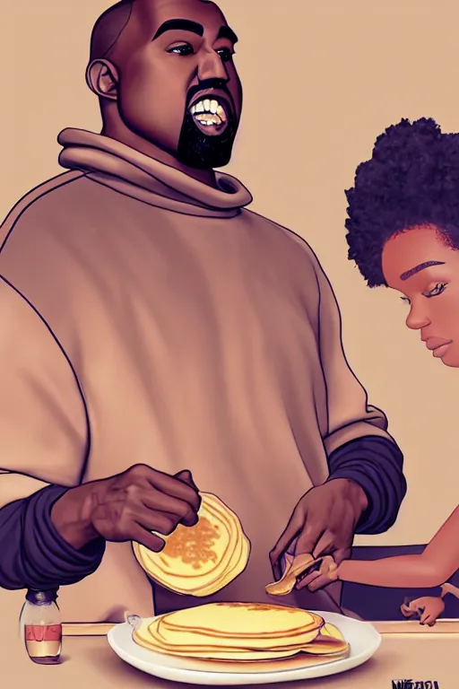 Image similar to kanye west making pancakes, animation pixar style, by pendleton ward, magali villeneuve, artgerm, rob rey and kentaro miura style, golden ratio, trending on art station