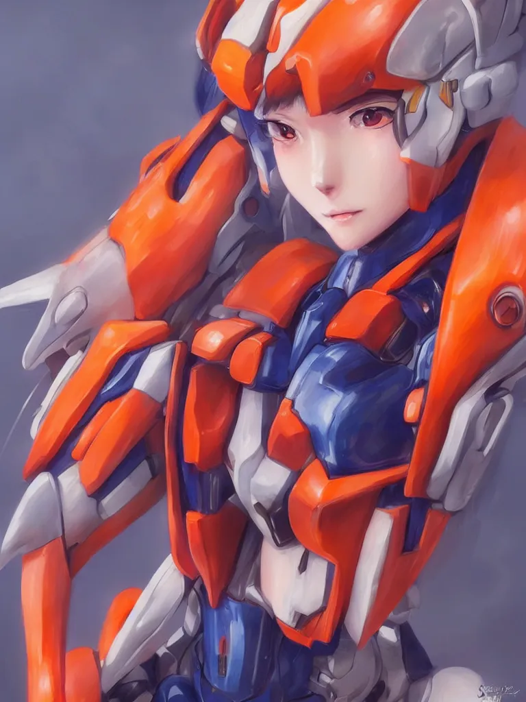 Image similar to A realistic anime portrait of a woman in a Gundam suit with glowing orange, digital painting, by Stanley Artgerm Lau, Sakimichan, WLOP and Rossdraws, digtial painting, trending on ArtStation, SFW version