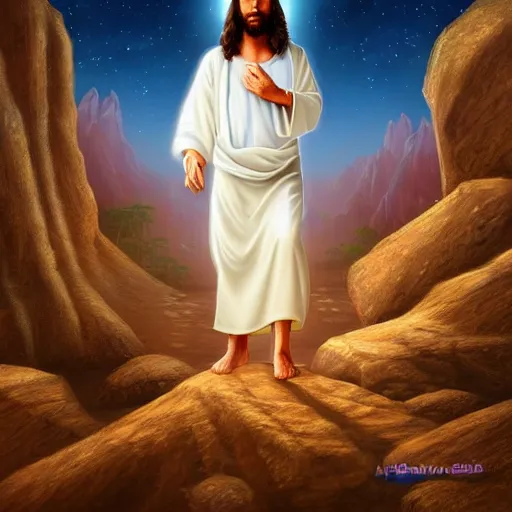 Prompt: an Artstation 3d render of Very very very very highly detailed beautiful mystic oil painting of jesus in the desert, intricate, extremely detailed, digital painting, artstation, concept art, smooth, sharp focus, illustration, intimidating lighting, incredible art,