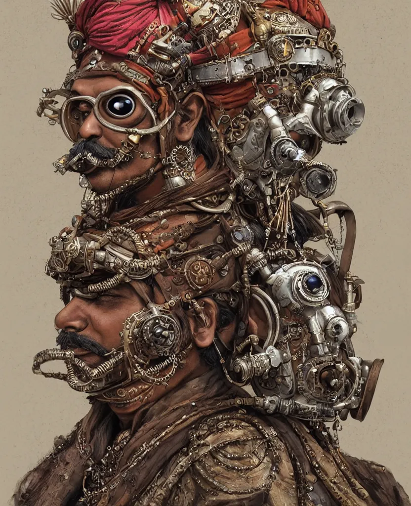 Image similar to face portrait of an indian man with long kawai moustache rajasthani headgear wearing madmax style steampunk goggles and steampunk jewelry, art by peter mohrbacher and craig mullins, sticker, isolated on white background, colorful, illustration, highly detailed, simple, smooth and clean vector curves, no jagged lines, hyperrealistic, digital painting, cgsociety, artstation, smooth