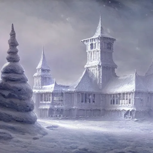 Prompt: a painting of an ice castle in the snow, a detailed matte painting by peter snow, cgsociety, northwest school, matte painting, matte drawing, concept art