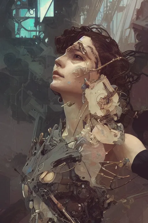 Prompt: A full portrait of a beautiful post apocalyptic offworld techsiren, intricate, elegant, highly detailed, digital painting, artstation, concept art, smooth, sharp focus, illustration, art by Krenz Cushart and Artem Demura and alphonse mucha