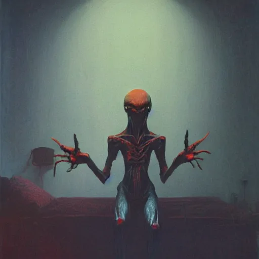 Image similar to demonic alien with long fingers at the foot of the bed in a dark room, beksinski, dariusz zawadzki, very coherent symmetrical artwork, cinematic, hyper realism, high detail, octane render, 8 k