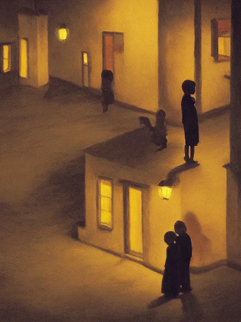 Image similar to two kids posing for a picture at night, dark, backlighting, small village, town square, artwork by edward hopper, james gilleard, zdzislaw beksinski, pastel colors, atmospheric