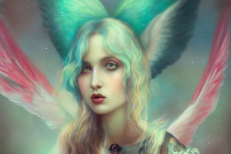 Image similar to pretty angel girl with wings photograph in the style of tom bagshaw, colorful, realistic, 8 k