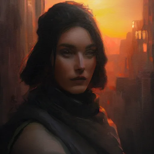 Image similar to closeup portrait of esme augusta bianco, dramatic lighting, city background, sunset, chiaroscuro, complementary contrast high detail, painted by greg rutkowski, painted by igor kieryluk, painted by bobby chiu, trending on artstation