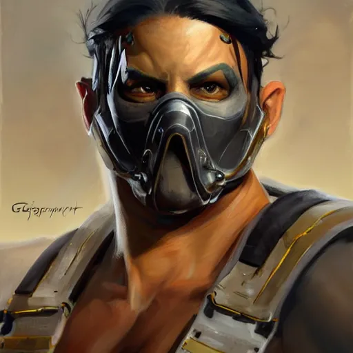 Image similar to greg manchess portrait painting of smoke from mortal kombat as overwatch character, medium shot, asymmetrical, profile picture, organic painting, sunny day, matte painting, bold shapes, hard edges, street art, trending on artstation, by huang guangjian and gil elvgren and jesper ejsing