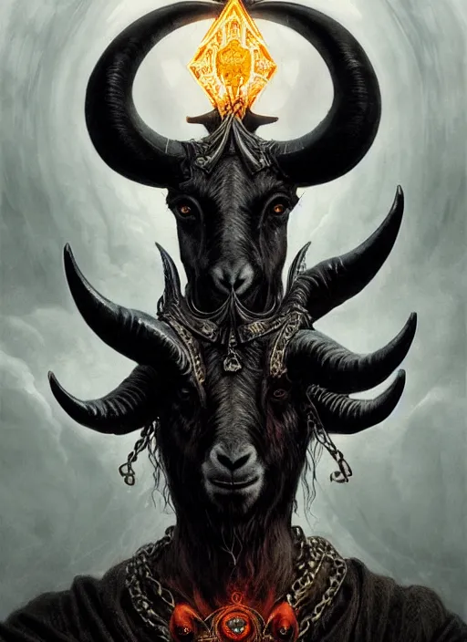 Image similar to elden ring themed orthodox baphomet goat icon tarot card portrait, piercing gaze, byzantine aesthetic, doom, religious, sinister, ornate, intricate, beautifully backlit, subtle tones, digital painting, concept art, smooth, sharp focus, illustration, art by josan gonzalez, greg rutkowski, killian eng and zdizslaw beksinski