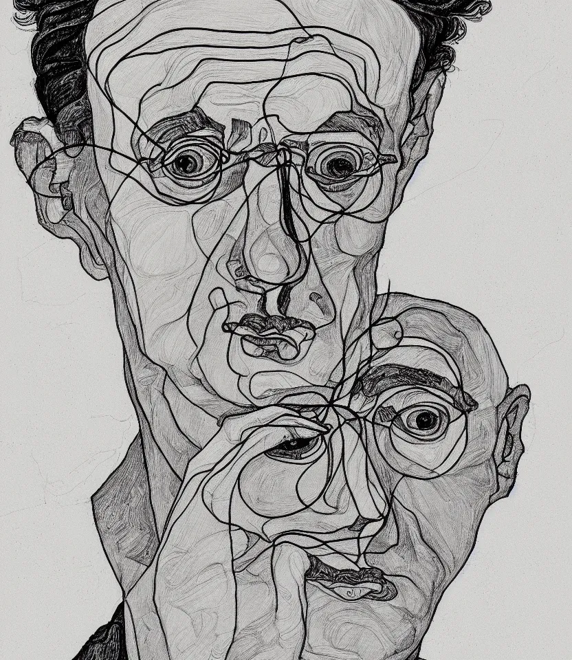 Prompt: detailed line art portrait of hermann hesse, inspired by egon schiele. minimalism, bold contour lines, caricatural, musicality, soft twirls curls and curves, confident personality, raw emotion