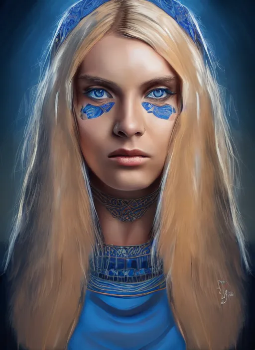 Prompt: full - body portrait of slavic young woman warrior, front, symmetrical, extremely detailed face, beautiful face, blonde hair, blue eyes, digital painting, true anatomy, behance, art by evgeny zubkov