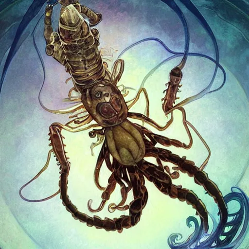 Prompt: diagram of blind isopod with three scorpion tail tentacles curled in a large human hand, science fiction concept art by Anato Finnstark, Alphonse Mucha, and Greg Rutkowski