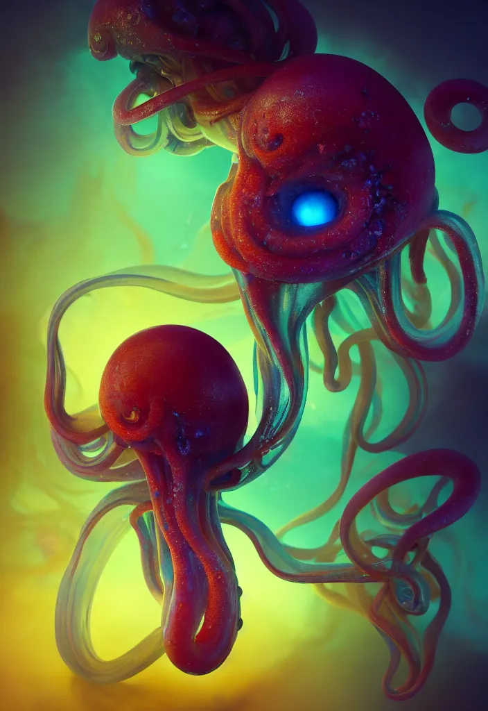 Prompt: subsurface scattering, alien made of soft wax, cgsociety, translucent, organic squid and ceramic art nouveau swirls, golden orbs, colored smoke, in the style of alberto seveso and ruan jia and beeple and giger, mystical colors, back light, rim light, dramatic lighting, 8 k, stunning scene, raytracing, octane render