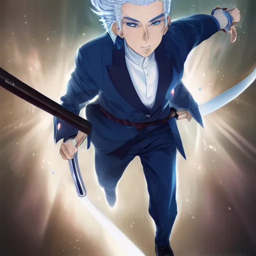 Prompt: semi realistic anime illustration of short slick backed white haired man, wearing dark blue suit, clutching glowing katana in hand, with beautiful hyperdetailed sky blue eyes, facing camera directly, full body shot, full face portrait made by Stanley Artgerm, WLOP, Rossdraws, James Jean Andrei Riabovitchev, Marc Simonetti, Yoshitaka Amano, Artstation