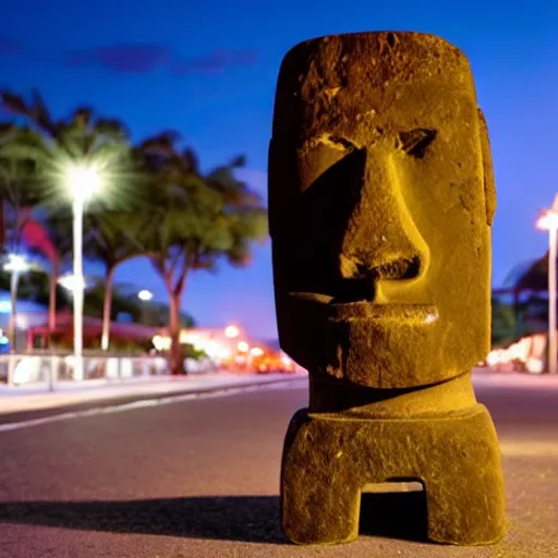 Image similar to a moai head statue roller skating on the street, set at night