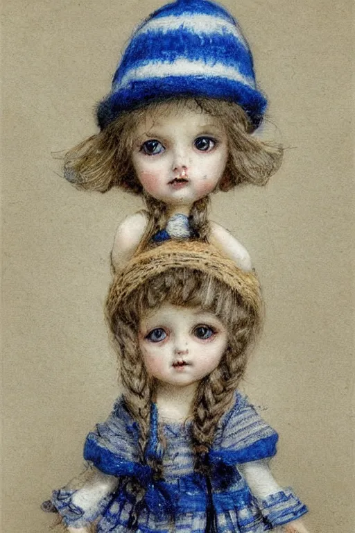 Prompt: cute doll girl big eyed with blue striped dress and fuzzy hat by jean - baptiste monge