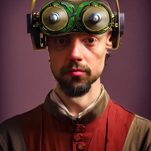 Prompt: Colour Caravaggio and Leonardo da Vinci style full body portrait Photography of Highly detailed Man wearing Ukrainian folk costume with perfect face wearing highly detailed retrofuturistic VR headset designed by Josan Gonzalez. Many details In style of Josan Gonzalez and Mike Winkelmann and andgreg rutkowski and alphonse muchaand and Caspar David Friedrich and Stephen Hickman and James Gurney and Hiromasa Ogura. Rendered in Blender and Octane Render volumetric natural light