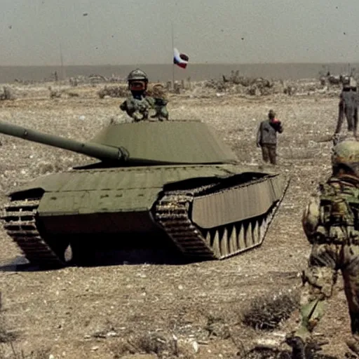 Prompt: A 200 foot tall George H.W. Bush destroys Iraqi tanks, historical photo