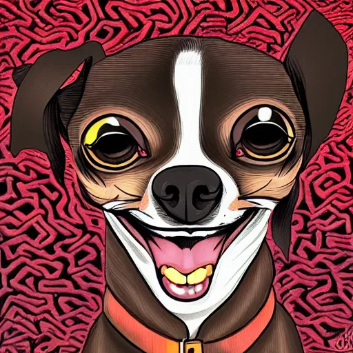 Image similar to a dark brown chihuahua, hyper detailed, in the style of junji ito, selfie angle