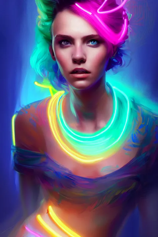 Image similar to a award winning portrait of a beautiful woman with stunning eyes in a one off shoulder crop top and cargo pants with rainbow colored hair, outlined by whirling illuminated neon lines and fine lines swirling in circles by greg rutkowski, digital art, trending on artstation