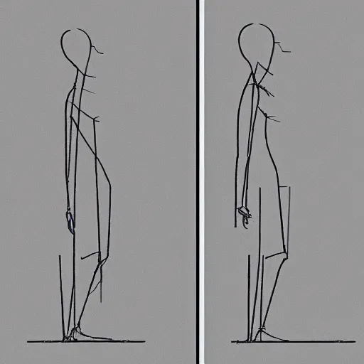 Image similar to architectural blueprint of a public sculpture, human figure in the style of giacometti, drawn to scale with orthographic views