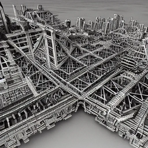 Image similar to a complex mechanical megastructure city.