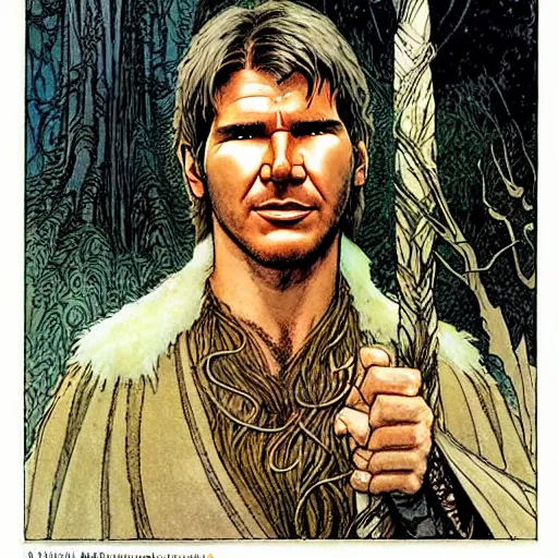 Image similar to a realistic, very beautiful and atmospheric portrait of young harrison ford as a druidic warrior wizard looking at the camera with an intelligent gaze by rebecca guay, michael kaluta, charles vess and jean moebius giraud