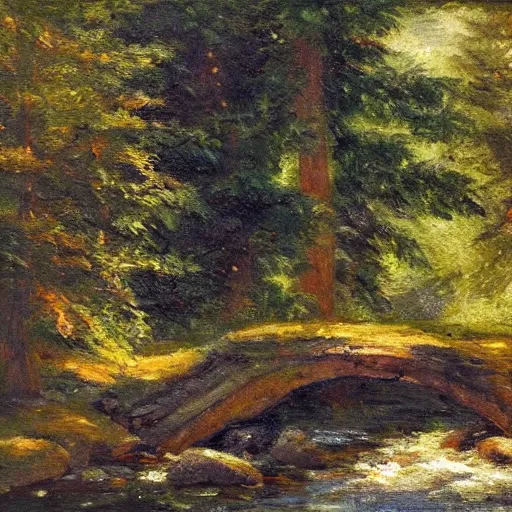 Image similar to a small bridge going over a narrow river stream in a summer forest, Impressionism painting, dramatic, sunlight rays