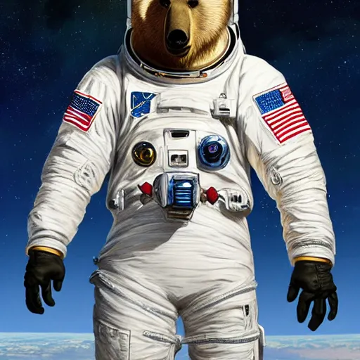 Prompt: a bear in a astronaut suit and walter white, intricate, walter white, highly detailed, digital painting, artstation, concept art, smooth, sharp focus, illustration, unreal engine 5, 8 k, art by artgerm and greg rutkowski and alphonse mucha