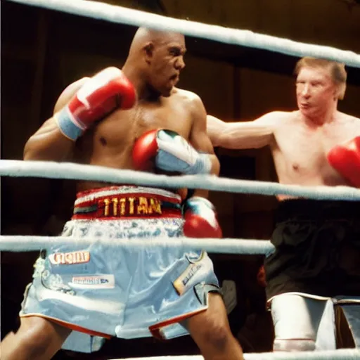 Image similar to a beautiful medium - shot of mike tyson punching to blood fat donald trump, beautiful soft light, sport photography, fast shutter speed, by annie leibovitz