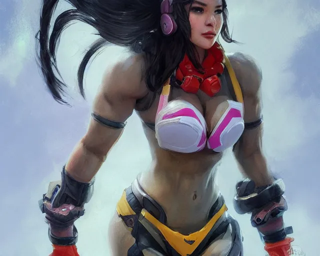 Image similar to portrait of d. va from overwatch as a beautiful female bodybuilder amazon with plump lips, elegant, fantasy, hd shot, digital portrait, beautiful, artstation, comic style, by artgerm, guy denning, jakub rozalski, magali villeneuve and charlie bowater