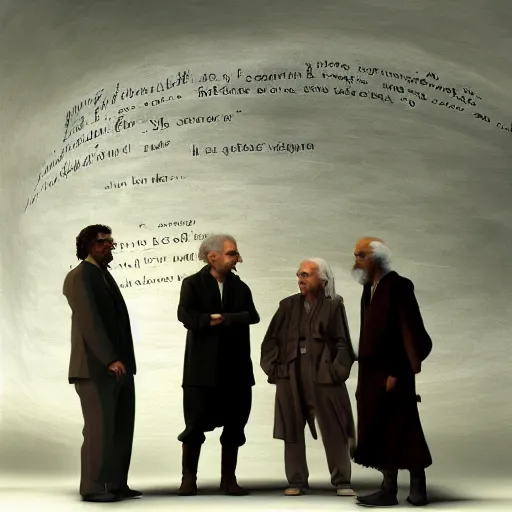 Image similar to Sokrates, Platon and Einstein discussing about general relativity, ultra high definition fantasy art, volumetric lighting