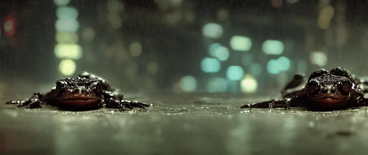 Image similar to Close up of a lone happy Lepidobatrachus laevis sitting on the floor and facing the camera in a still from the movie Blade Runner (1982), high quality, rain, rain drops, cold neon lighting, 4k, night, award winning photo, beautiful, cute