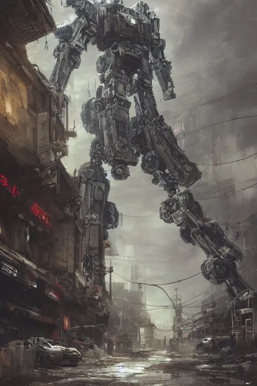Prompt: ultra realist and ultra intricate detailed soft painting of a large mecha, standing in a post-apocalyptic street, sensual gloomy style, volumetric clouds, artstation, unreal render, depth of field