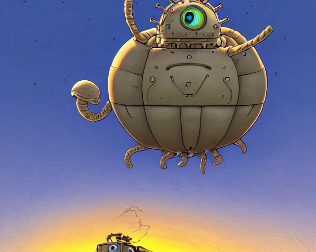 Image similar to a cell shaded cartoon giant grey lovecraftian mechanized caterpillar from howl's moving castle ( 2 0 0 4 ), with a big head, on a desert road, wide shot, sunset, golden hour, muted colors, post grunge, josan gonzales, wlop, by james jean, victor ngai, hq, deviantart, art by artgem