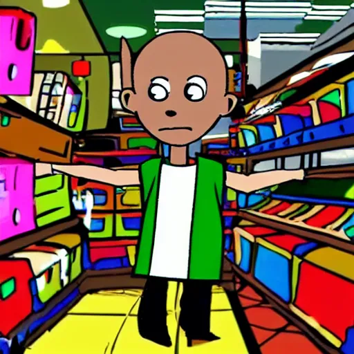 Image similar to Baldi from Baldi's Basics shopping for video games in London in the style of a 90's era cartoon.