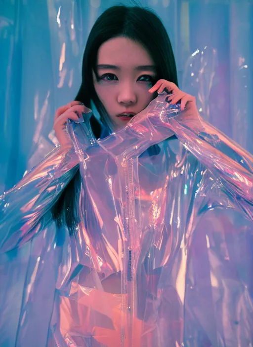 Image similar to a close-up risograph long shot of cyberpunk japanese glossy model girl with black eyes and pretty face wearing lots of transparent cellophane clothes and accessories, blue hour, twilight, cool, portrait, Kodachrome, ISO1200,