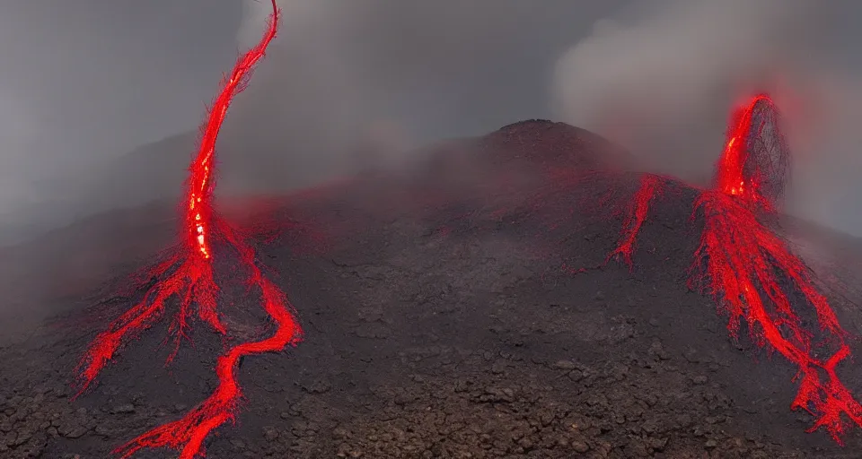 Image similar to a volcano made of ivory vines and crimson rocks enters in eruption, it spits a smoke in the shape of demonic eye, by Jesper Esjing