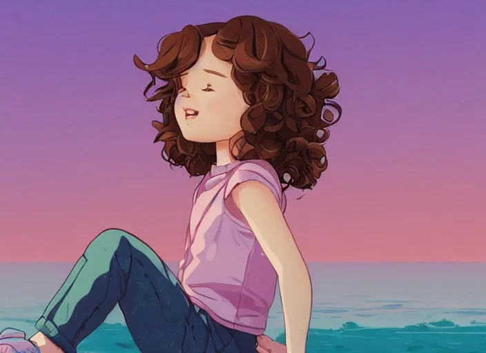 Prompt: little girl with short wavy curly light brown hair sitting on a rock. background pink and blue sunrise. clean cel shaded vector art. shutterstock. behance hd by lois van baarle, artgerm, helen huang, by makoto shinkai and ilya kuvshinov, rossdraws, illustration, art by ilya kuvshinov