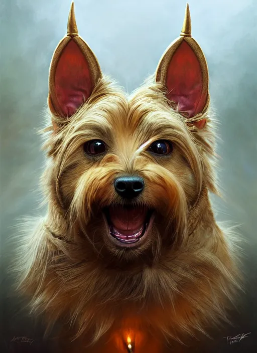 Prompt: norwich terrier as an devil, aesthetic, fine art, intricate, elegant, highly detailed, realistic hair, centered, digital painting, art station, conceptual art, soft, sharp focus, illustration, artwork, artgerm, tomasz alen kopera, peter mohrbacher, donato giancola, wlop, boris vallejo