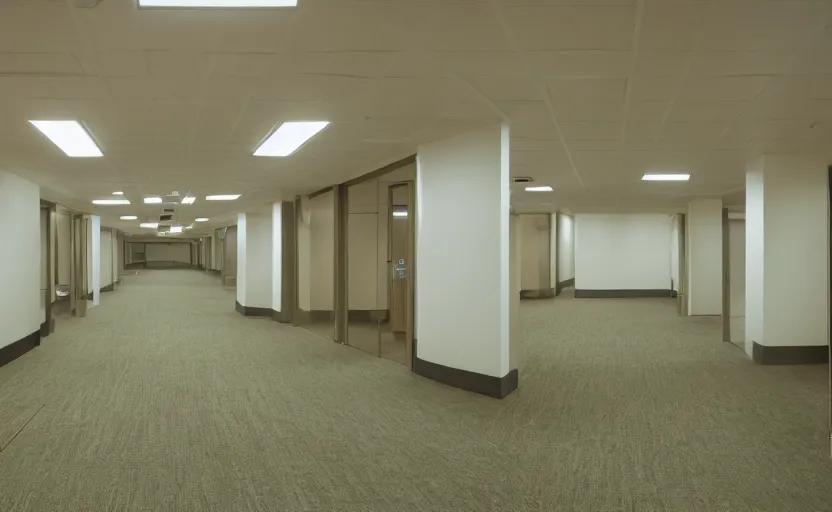 Prompt: 1 9 9 0 s empty rooms and a long corridor interior, office building, bright beige wallpaper, vhs style, suspended ceiling, bright fluorescent light, light brown moist carpet, scary