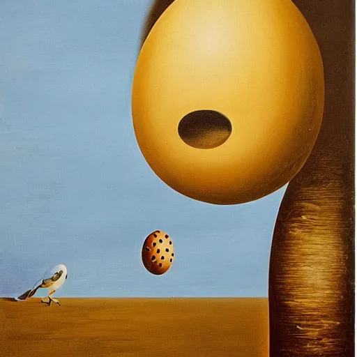 Image similar to A pair of barn owls and a floating egg, oil painting by Salvador Dali