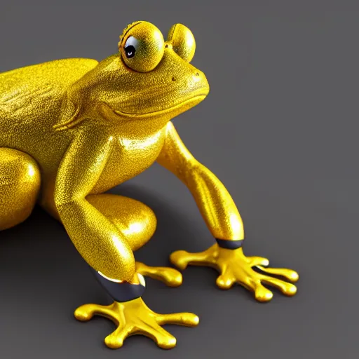 Prompt: octane render of an anthropomorphic golden frog sitting in a chair in an office, very detailed, very intricate, dslr,