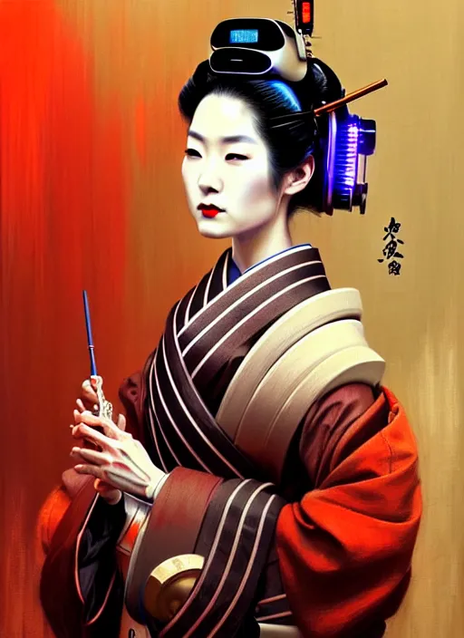 Image similar to beautiful japanese geisha wearing vr eyepiece, robotic, android, cyborg, cyberpunk face, steampunk, fantasy, intricate, elegant, highly detailed, colorful, vivid color, digital painting, cool warm volumetric lighting, artstation, concept art, art by artgerm and greg rutkowski and ruan jia,