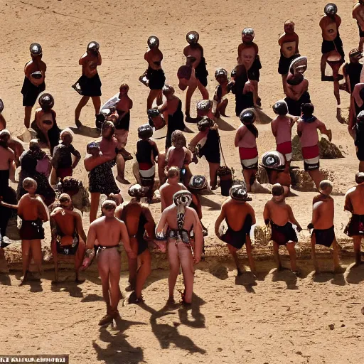 Image similar to anthropomorphic gladiators arena fighting for life with a crowd of spectators, duunes desert