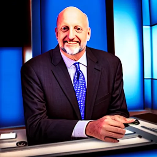 Image similar to Jim Cramer with broken clocks for eyes