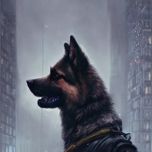 Prompt: new york city portrait of furry anthro anthropomorphic german shepard head animal person fursona wearing clothes strange cybernetic muzzle dystopian gloomy rainy cyberpunk digital art by Greg Rutkowski, Simon Stalenhag, trending on Artstation, CGSociety