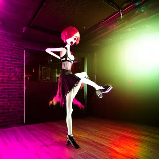 Prompt: an award winning professional digital photograph of a cute and skinny goth girl dancing at a night club, mannequins in backgroun, neon spotlights, canon 3 5 mm wide view lens viewpoint, epic, wow