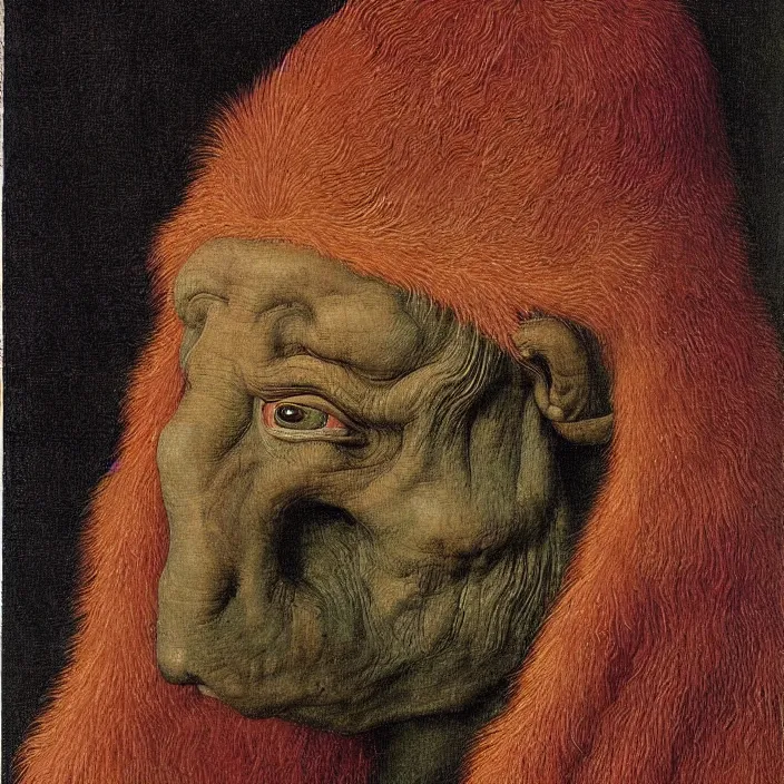 Image similar to close up portrait of a mutant monster creature with very long eyelashes that go up, covering the entire forehead. colorful painting by jan van eyck, audubon