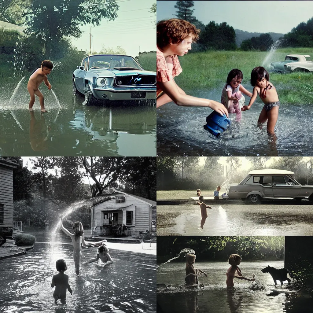 Prompt: a summer in california, a mustang and children playing around with water, Gregory Crewdson