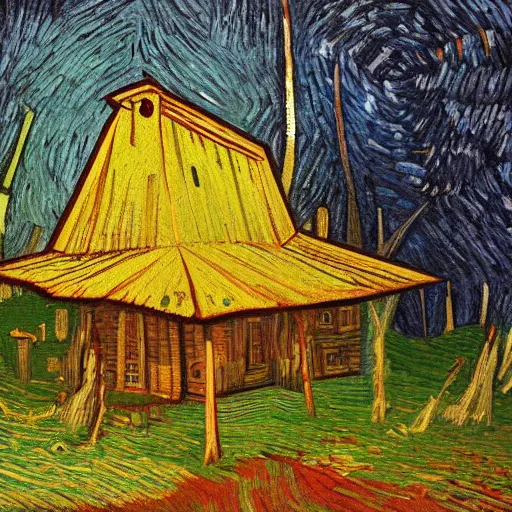 Prompt: a painting of a Eerie cabin in the middle of the woods in the style of Vincent van gogh